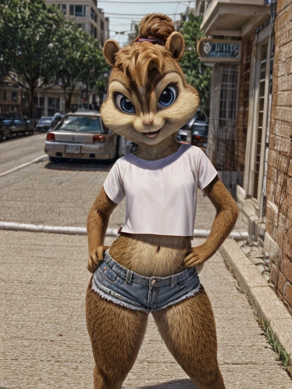 score_9, score_8_up, score_7, score_6, street, brittany miller, chipmunk, furry, short ears, white top, pink leather, jean shorts, looking at viewer, 6 inches tall