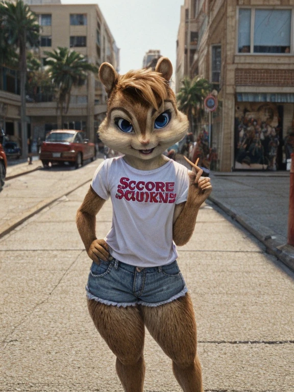 score_9, score_8_up, score_7, score_6, street, brittany miller, chipmunk, furry, short ears, white top, pink leather, jean shorts, looking at viewer, 6 inches tall