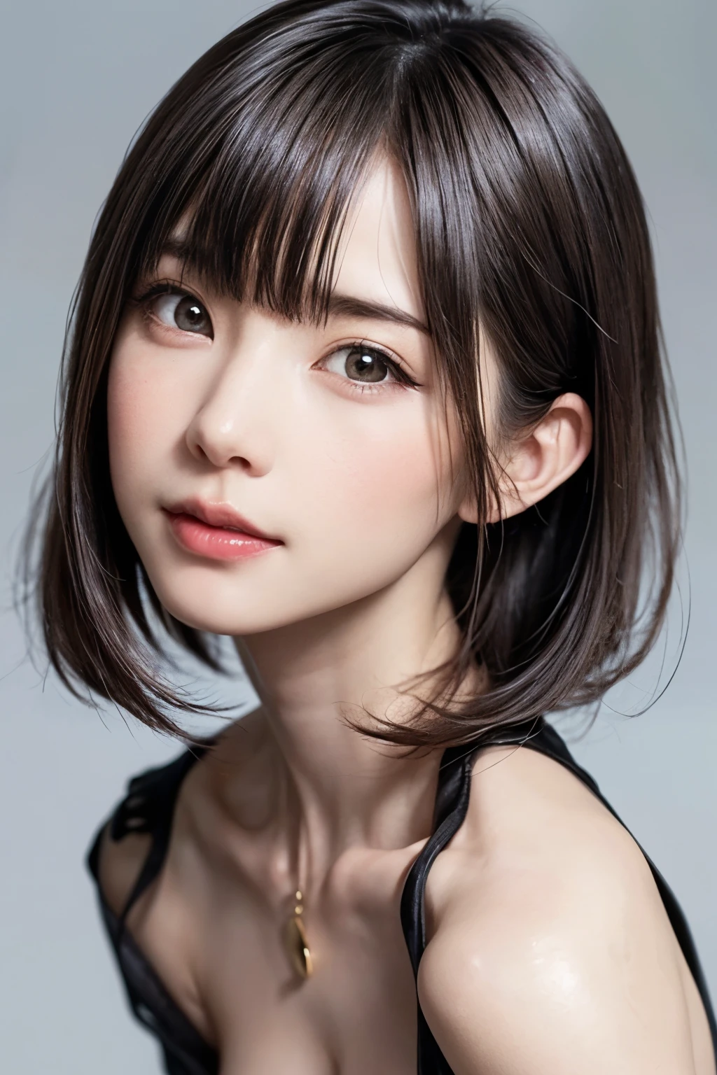 ((masterpiece, Highest quality, High resolution、Realisticですべてが美しく詳細に描かれている)), 1 girl, (Realistic: 1.4), alone, White Background, snow-White Background, Mouth closed, smile, smile, Beautiful black hair, short hair, Big eyes, Transparent double eyelids, eyelash, Listen carefully, Long neck, 美しくLong neck, Absolute area, ((Face close-up)), (Draw the whole head, shoulder), 19 years old, Attractive proportions, Glowing Skin, Beautiful clavicle, Golden ratio face, Perfect Face, Teardrop-shaped mole, chestのほくろ, bangs, clean bangs, beautiful bangs, Lip gloss, Thin lips, Fair skin, naked, Big Breasts, {Huge|big|Hugeな|Mega} chest:2, chestの谷間:2,chestの谷間を見せる、Small face, Small face, All the heads are painted, shoulder all drawn, Point slightly above the camera