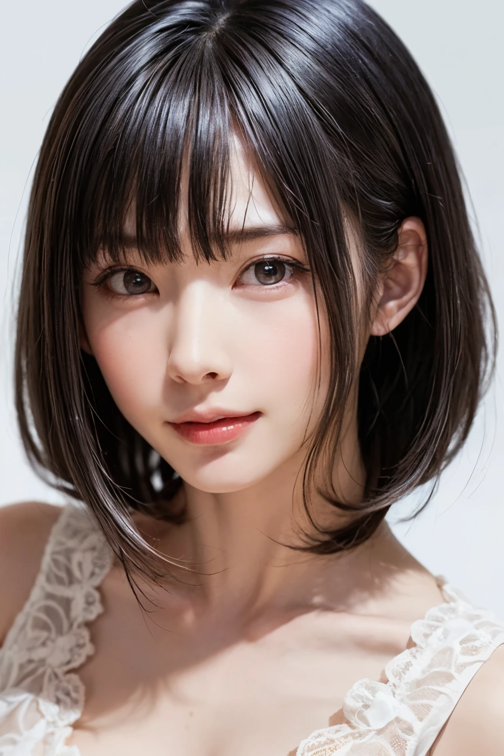 ((masterpiece, Highest quality, High resolution、Realisticですべてが美しく詳細に描かれている)), 1 girl, (Realistic: 1.4), alone, White Background, snow-White Background, Mouth closed, smile, smile, Beautiful black hair, short hair, Big eyes, Transparent double eyelids, eyelash, Listen carefully, Long neck, 美しくLong neck, Absolute area, ((Face close-up)), (Draw the whole head, shoulder), 19 years old, Attractive proportions, Glowing Skin, Beautiful clavicle, Golden ratio face, Perfect Face, Teardrop-shaped mole, chestのほくろ, bangs, clean bangs, beautiful bangs, Lip gloss, Thin lips, Fair skin, naked, Big Breasts, {Huge|big|Hugeな|Mega} chest:2, chestの谷間:2,chestの谷間を見せる、Small face, Small face, All the heads are painted, shoulder all drawn, Point slightly above the camera