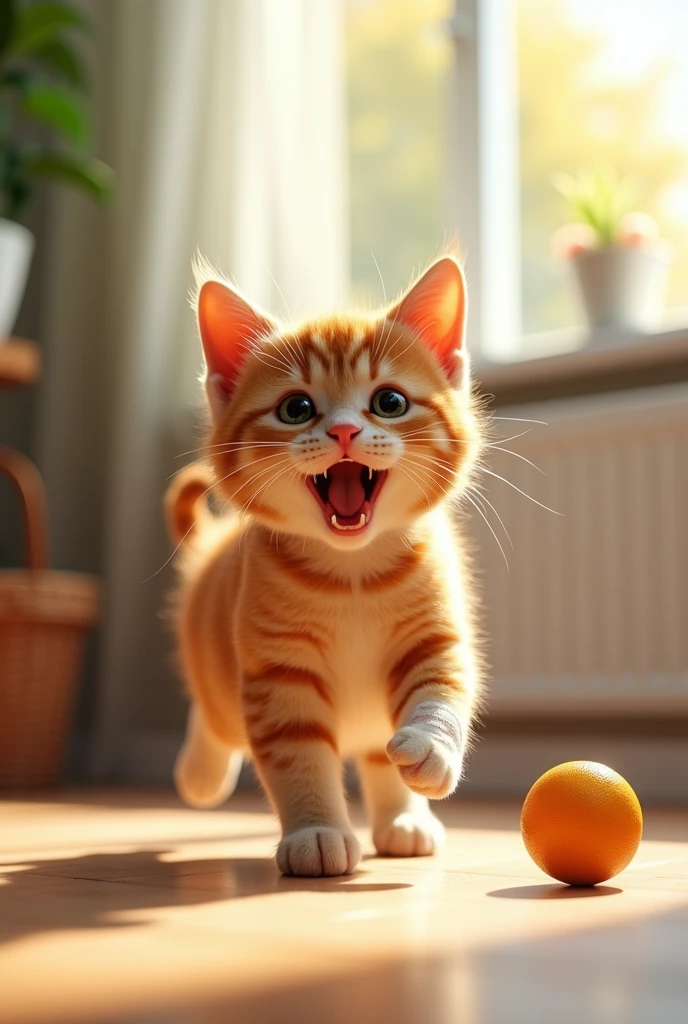 Cat’s Recovery: The cat, now clean and with a visibly healing leg, plays with a toy in a sunny corner of the room. Its fur is glossy and it looks happy and energetic