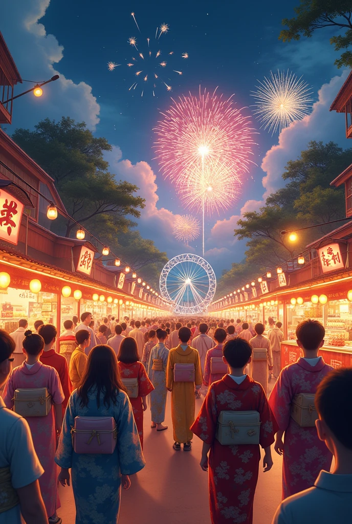 , ((((masterpiece)))), 8k Resolution, highly detailed, perfect anatomy, summer festival, vibrant atmosphere, (traditional yukata) wearing attendees, (paper lanterns) casting a warm glow, ( fireworks)  painting the night sky, (food stalls) offering a variety of delicious treats, (carnival games) with excited participants, (bon dance) in full swing, (sparklers) creating enchanting patterns, (taiko drums) resounding through the air, (festive decorations) adorning every corner, (ferris wheel) with illuminated cabins, (goldfish scooping) game with joyful children, (mask vendor) showcasing colorful masks, (dancing dragon) parade, capturing the lively spirit of the festival.