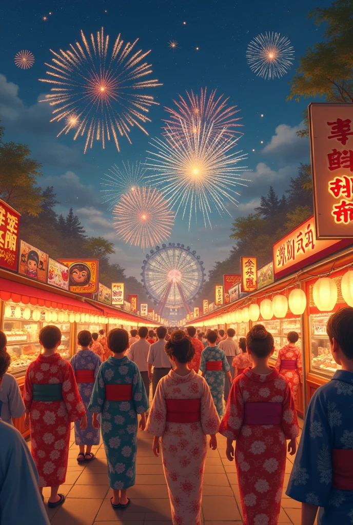 , ((((masterpiece)))), 8k Resolution, highly detailed, perfect ???????, summer festival, vibrant atmosphere, (traditional yukata) wearing attendees, (paper lanterns) casting a warm glow, ( fireworks)  painting the night sky, (food stalls) offering a variety of delicious treats, (carnival games) with excited participants, (bon dance) in full swing, (sparklers) creating enchanting patterns, (taiko drums) resounding through the air, (festive decorations) adorning every corner, (ferris wheel) with illuminated cabins, (goldfish scooping) game with joyful children, (mask vendor) showcasing colorful masks, (dancing dragon) parade, capturing the lively spirit of the festival.