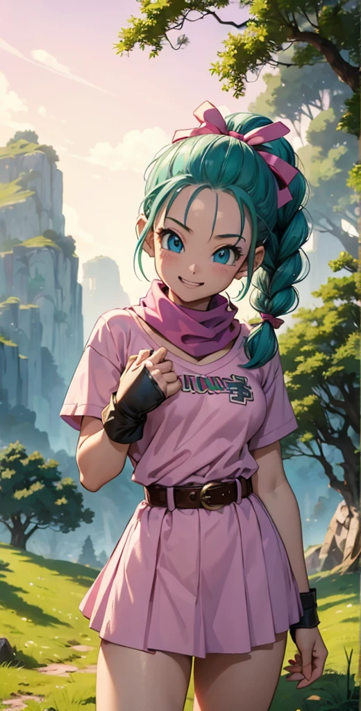 masterpiece, best quality, high resolution, dragon ball, blmpony, aqua hair, hair ribbon, braided ponytail, pink shirt, belt, scarf, pink skirt, clothes writing, brown gloves, ultra mini pink dress,  show ass ((half naked))) smiling, forest background, wallpaper. 