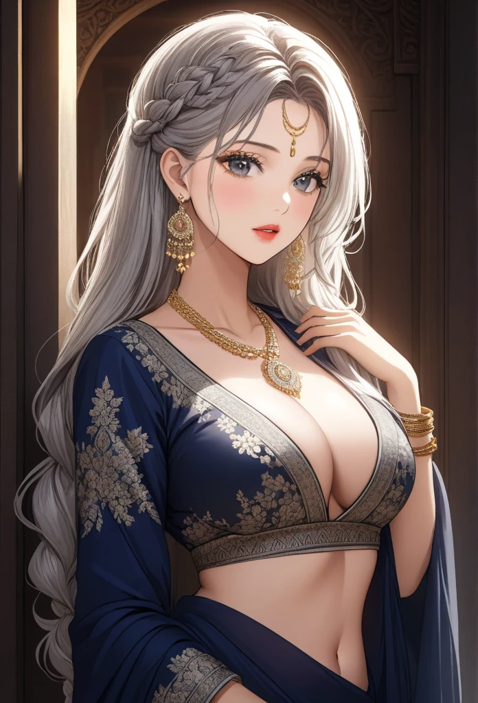 A beautiful woman with long white wavy hair with braid, grey eyes, wearing an ornate designer saree with full sleeve blouse standard seductively against wall, extremely detailed hair, extremely detailed eyes, extremely detailed body, (best quality,4k,8k,highres,masterpiece:1.2),ultra-detailed,(realistic,photorealistic,photo-realistic:1.37),detailed long drop dangle earrings, saggy breasts, elegant, intricate, cinematic lighting, necklace, bangles , lipstick,hair accessories,navel ring,nose ring ,long necklaces,rings,