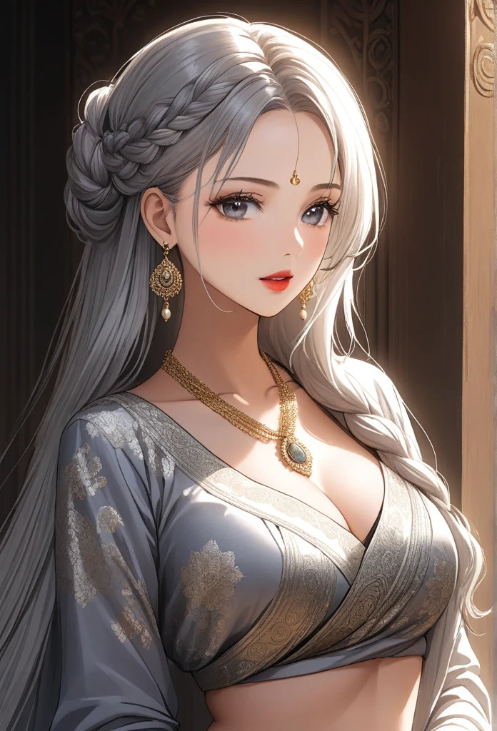 A beautiful woman with long white wavy hair with braid, grey eyes, wearing an ornate designer saree with full sleeve blouse standard seductively against wall, extremely detailed hair, extremely detailed eyes, extremely detailed body, (best quality,4k,8k,highres,masterpiece:1.2),ultra-detailed,(realistic,photorealistic,photo-realistic:1.37),detailed long drop dangle earrings, saggy breasts, elegant, intricate, cinematic lighting, necklace, bangles , lipstick,hair accessories,navel ring,nose ring ,long necklaces,rings,