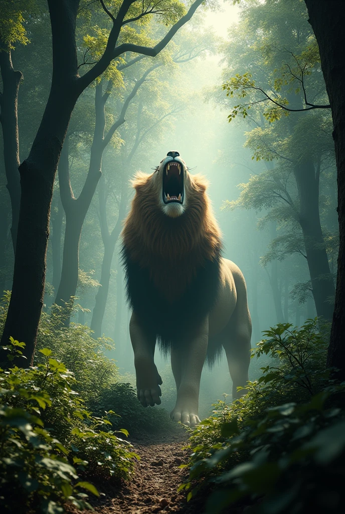 Suddenly, a loan roar through the trees In cinematic image