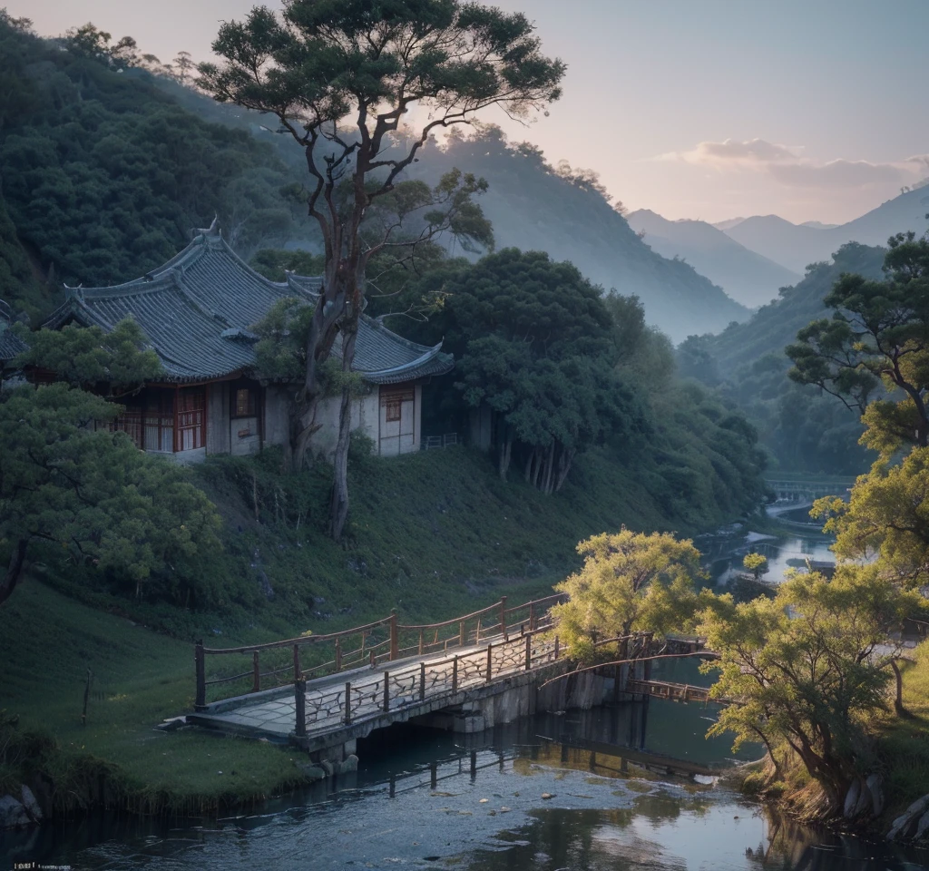 masterpiece, high quality, high resolution,8K, Chinese painting ,, Withered vines, age ((Trees)), dusk ((crow)) Cry,, ((A small bridge)), flowing water, (((Humble residence))),  (a horse:1.6),, A cold wind blows from the west ((An ancient road)),, Sunset, My heart ached with the anger of loneliness,, 
