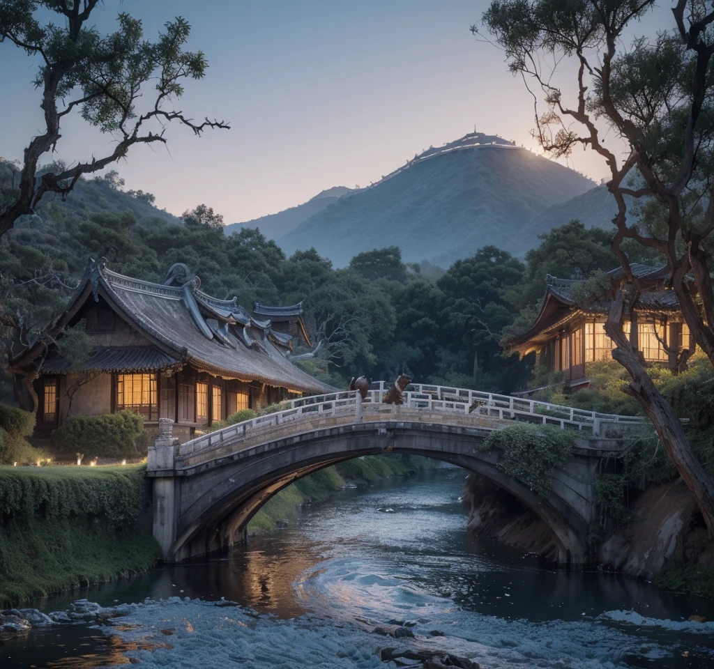masterpiece, high quality, high resolution,8K, Chinese painting ,, Withered vines, age ((Trees)), dusk ((crow)) Cry,, ((A small bridge)), flowing water, (((Humble residence))),  (a horse:1.6),, A cold wind blows from the west ((An ancient road)),, Sunset, My heart ached with the anger of loneliness,, 