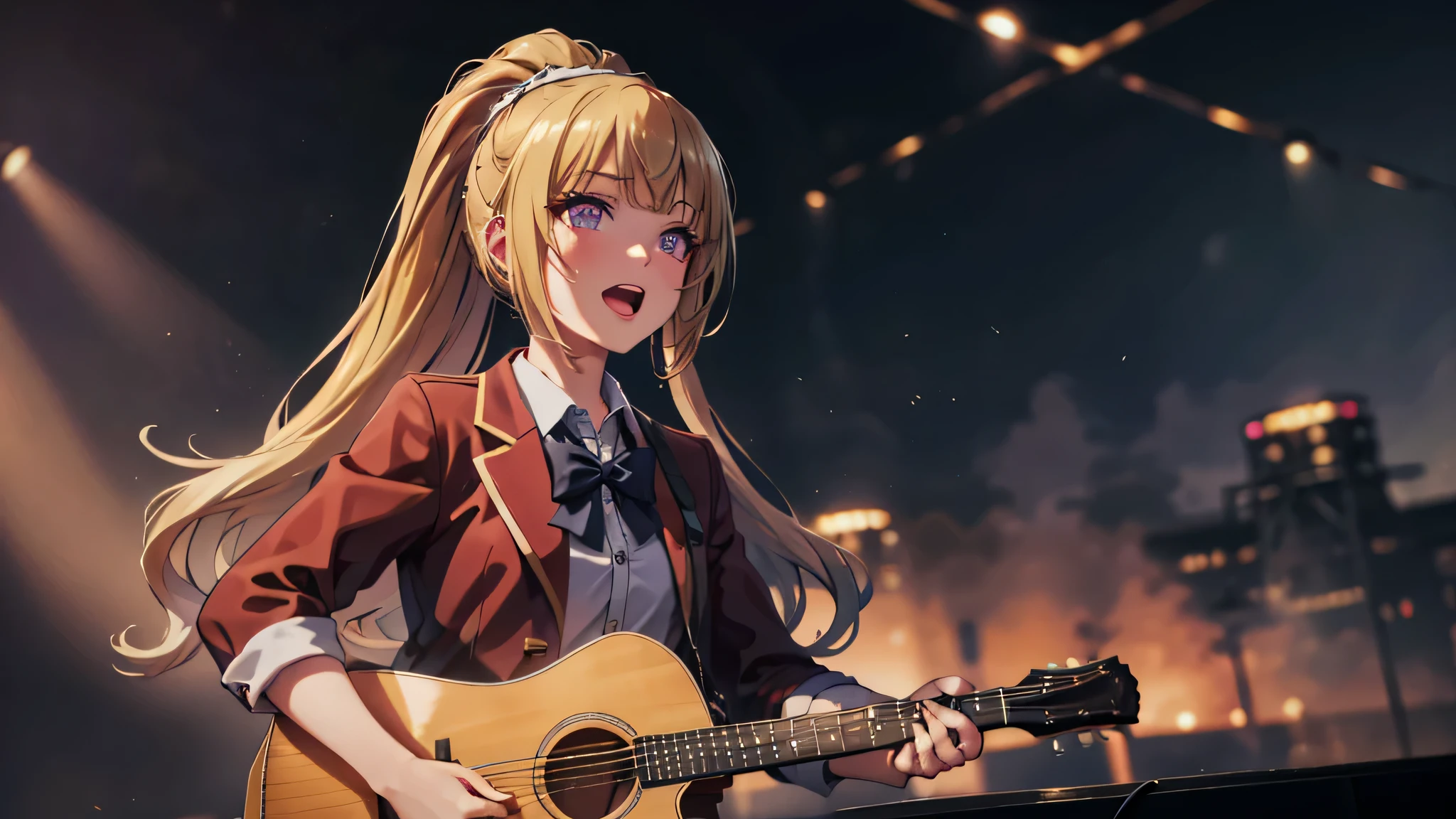 (masterpiece, best quality, absurdres), high quality, highres, ultra detailed, intricate, cinematic lighting, wallpaper, soft lighting, cowboy shot, looking at viewer, upper body, parted lips, 1 girl, kei Karuizawa, blonde hair, bangs, long ponytail , detailed violet eyes, ((Super Realistic Detailed Eyes, glowing eyes)), 20yo,beautiful face, sharp focus, singing karaoke, singing, open mouth, spotlight lightning, good mood, (mic, mic stand), stage, stage vibes, dome, Tokyo dome, concert, (playing guitar, guitar), Taylor swift, Taylor swift vibe, idol, (school outfits, red coat)