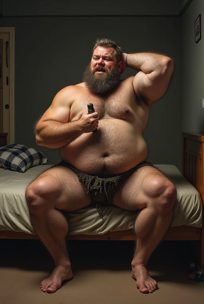 a 40 year old man, has fair skin, is sitting on the bed in a common room, not too dark nor too light, has a big dick that is hard and showing, has his left hand masturbating dick and his right hand is behind from the head, the man has the body of a bear, being a stocky and muscular body, a little chubby, he has a lot of hair at the base of his dick, in his armpits especially in his armpits, on his legs and in the way of his groin and navel, the man has 1 .87 meters tall, the man has his dick and hairy armpits showing and he is sweaty and his dick is big, the length goes to his chest which is also hairy