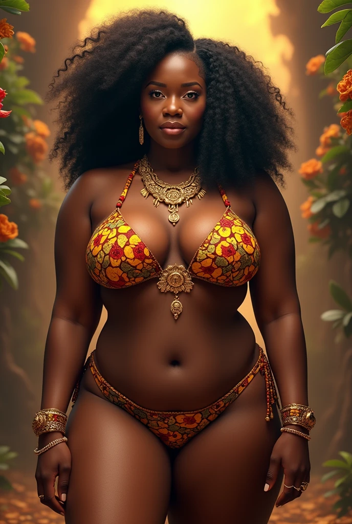 araffes in a bikini and gold jewelry posing for a picture, concept art by Nelson Alexander Ross, trending on cg society, fantasy art, epic 3 d oshun, stunning african princess, curvaceous. detailed, giant stunning goddess shot, thicc, full figured mother earth, curvaceous. detailed expression, beautiful goddess, african queen