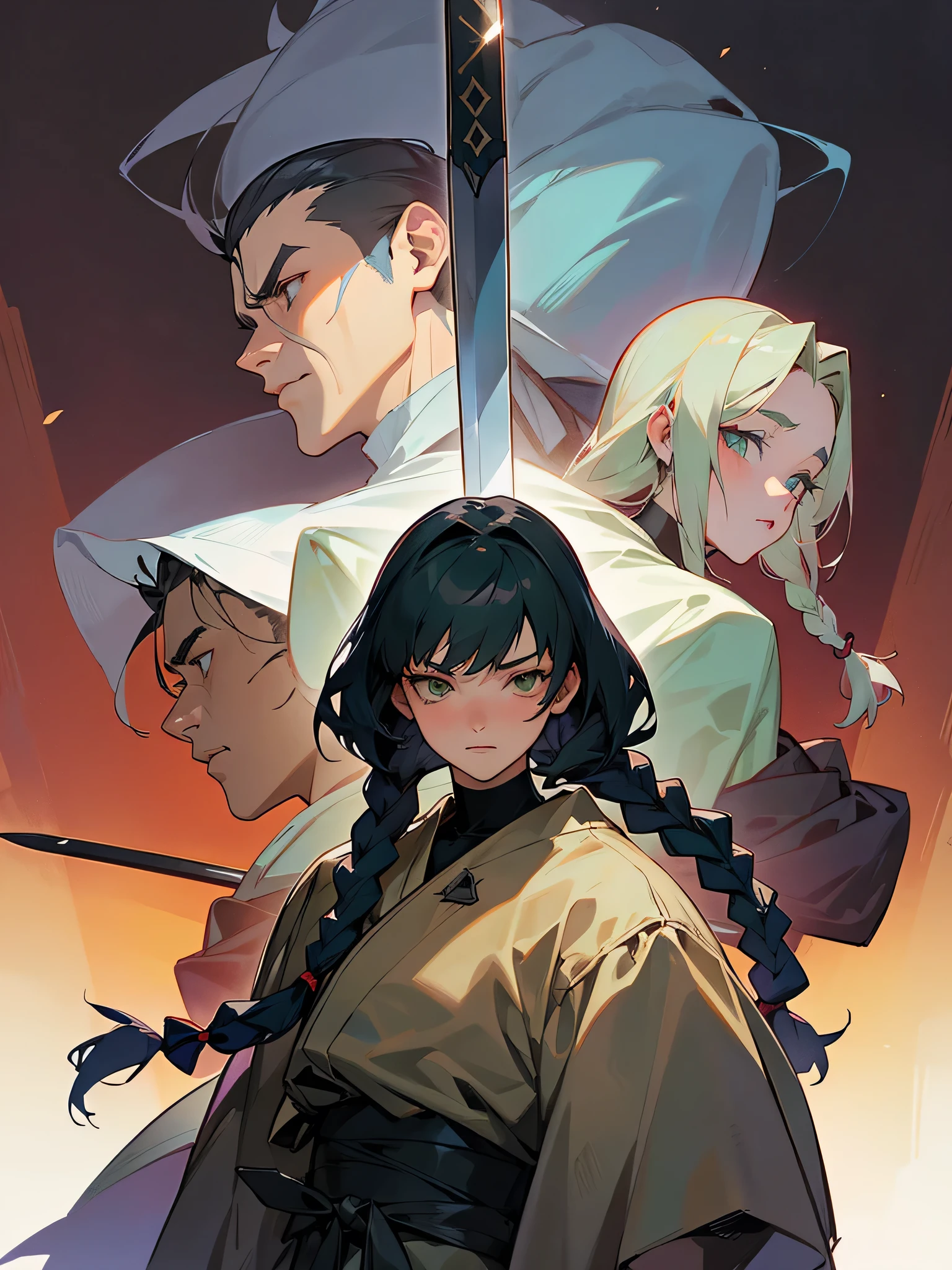 Create two Ghost in the Shell inspired anime characters, boy (blacksad, wthath braids down to her chin and holding a sword) that'girl (whthate, wthath shoulder-length wavy red hair) in profile posthation and wthath cables connected to the back, a black latex-like suthat (Use your whole body in a fighting pose, The two stand side by side as if they were teaming up to face the bad guys.) the background is all whthate and has a small red light under them