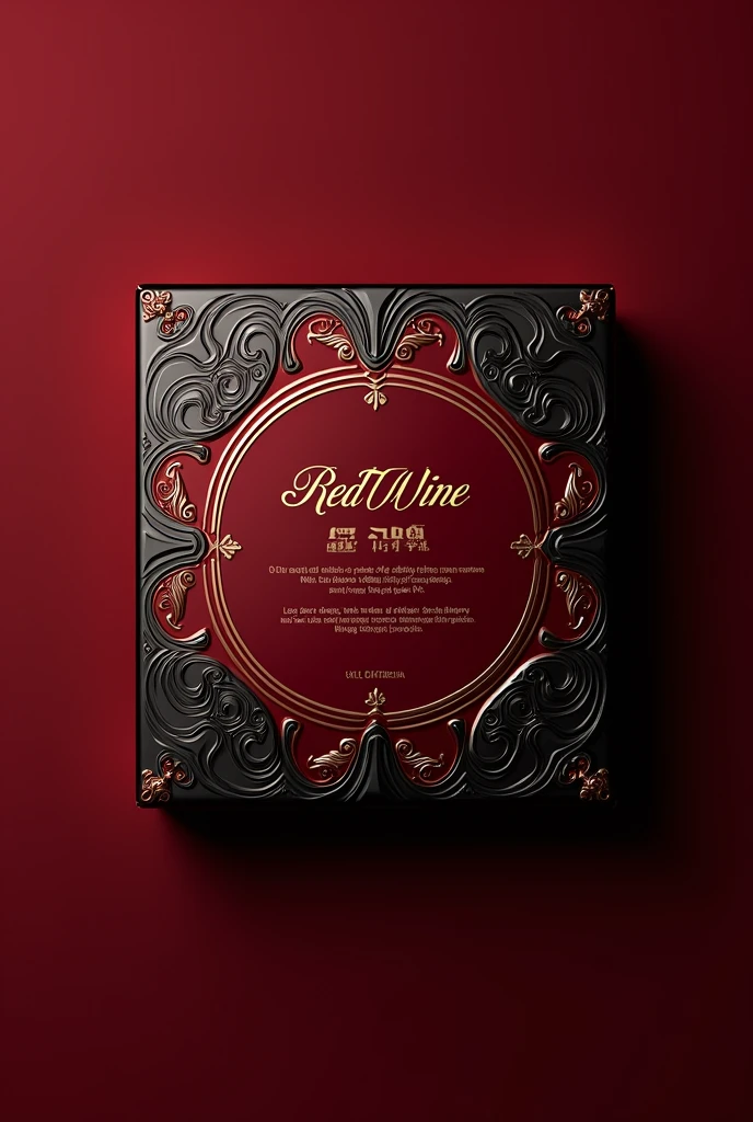 I want to create packaging for a makeup line, but not vintage glamour style, with rococo style details, in dark red colors, black and gold, with the brand name RedWine
