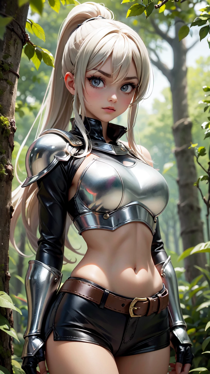 middle ages, Adventurer, 1girl, medium breasts, Long Hair, Silver Hair, ponytail, Hair tied up on the side, (dark skin), 24-years-old, standing,upper body, from below, Slanted eyes, Tension, Leather Breastplate, Leather shoulder pad, Cut on the cheek, Thick eyebrows, Long eyelashes, Curved waist, bare stomach, bare navel, Reverse-handed knife, Leather Gauntlets, outdoors, in the forest, noon,