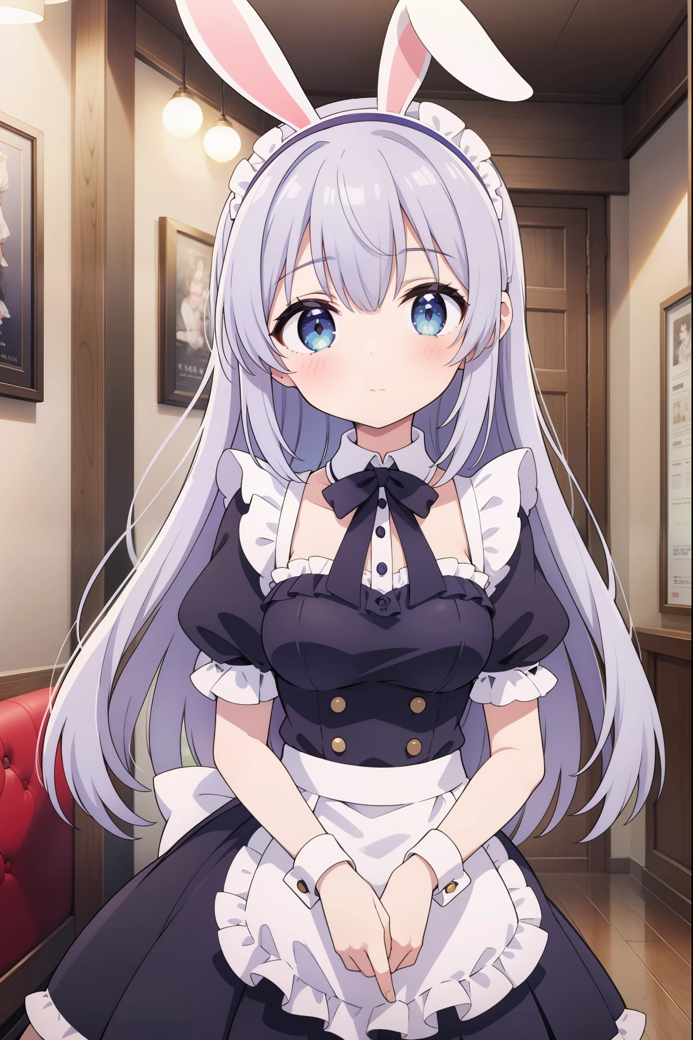 girl with maid outfit, cafe, bunny ear band