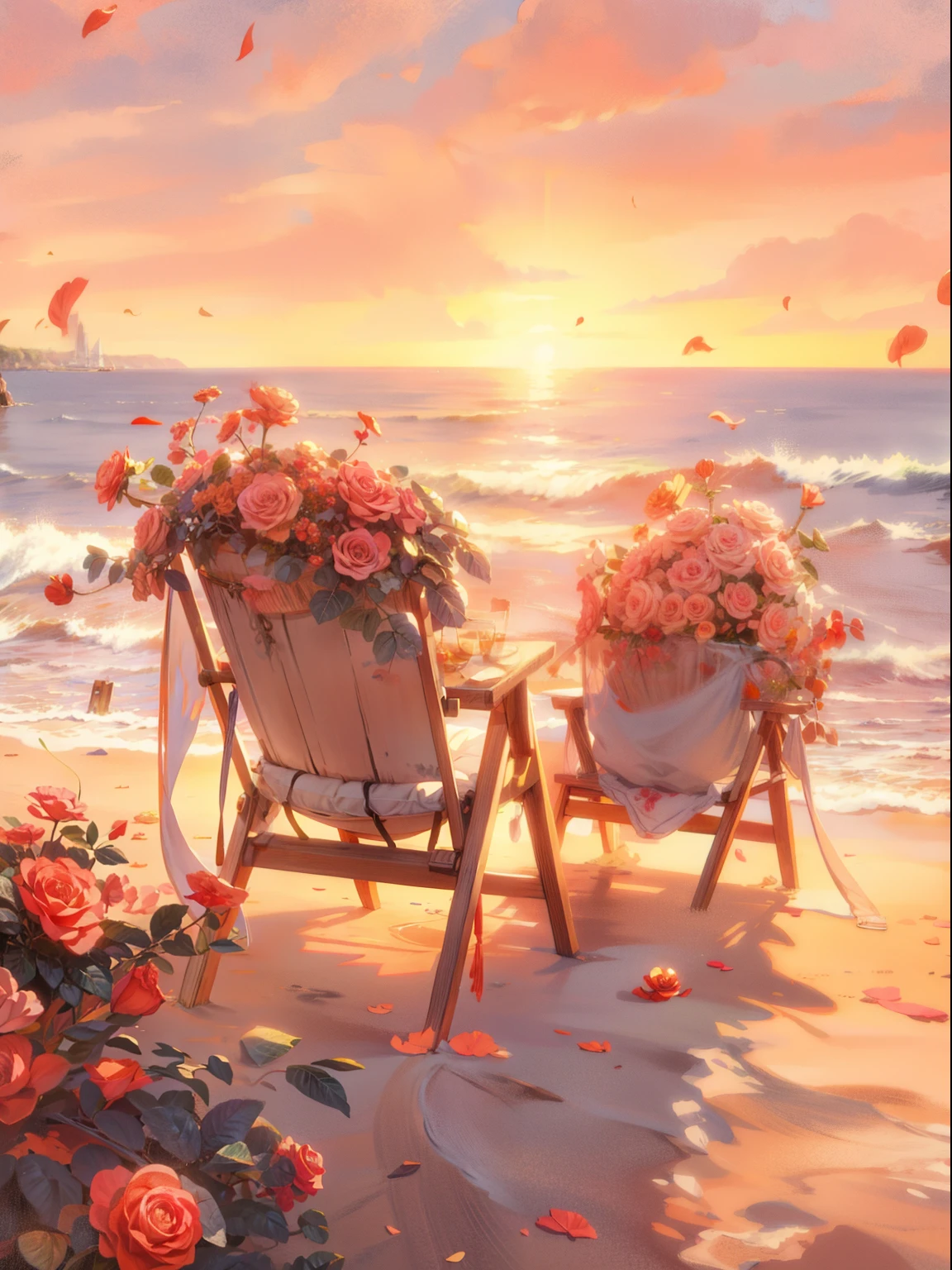 Seaside painting , Beautiful armchair,rose,sand, Ocean Waves,evening,Beautiful Art UHD 4K, Beautiful artwork illustration, Beautiful digital painting, Highly detailed digital painting, Beautiful digital art, Detailed painting 4k, Highly detailed digital painting, Rich, picturesque colors, Gorgeous digital painting