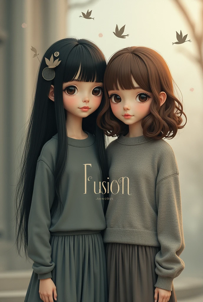 two girls, a straight black hair dressed in grey with the word fusion and one with wavy brown hair wearing a grey sweater 