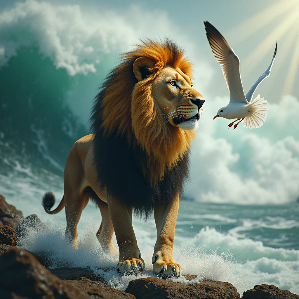 A powerful lion standing against a backdrop of swirling wind currents, with a seagull flying through the scene, blending the elements of strength and nature.