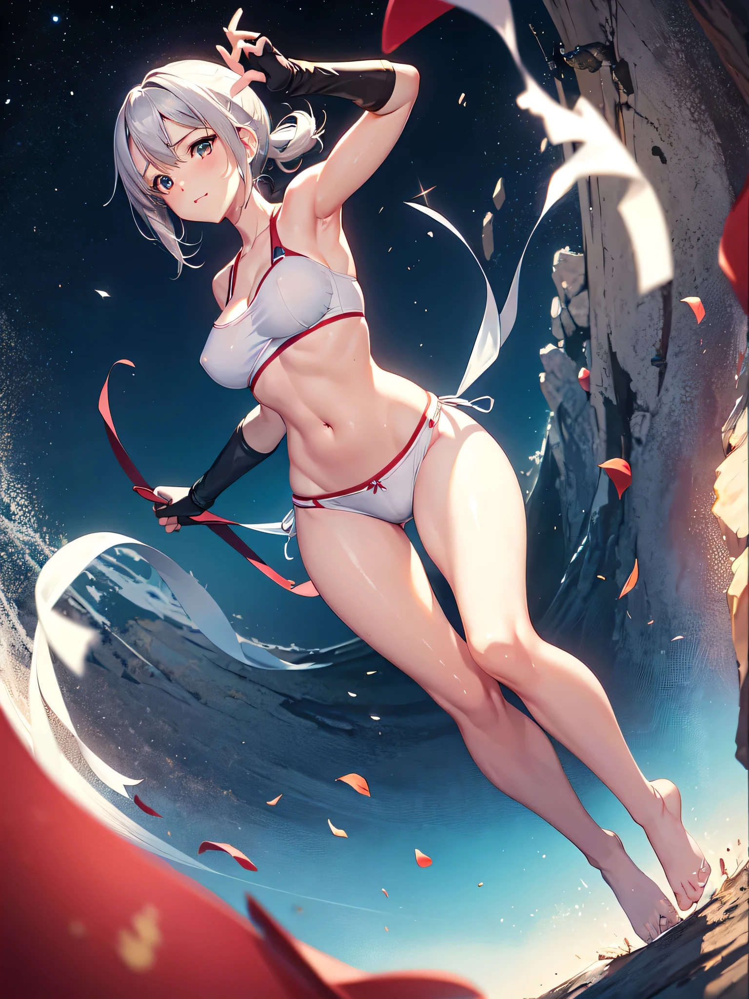 heroine winning a battle in combat, manga style woman, perfect manga, highly detailed, DRONE: full body view from head to toe, perfect body with medium sized rounded firm breasts, similar to Lucy heartphilia, super beautiful woman with practically symmetrical face , manga eyes: 3/4 size, eyes the color of her hair, she is , her clothes are extremely short, tube top extremely short and torn and frayed, medium sized hair, wet silver hair with green tips, pose of victory and happiness, leap of joy, random drone angle.