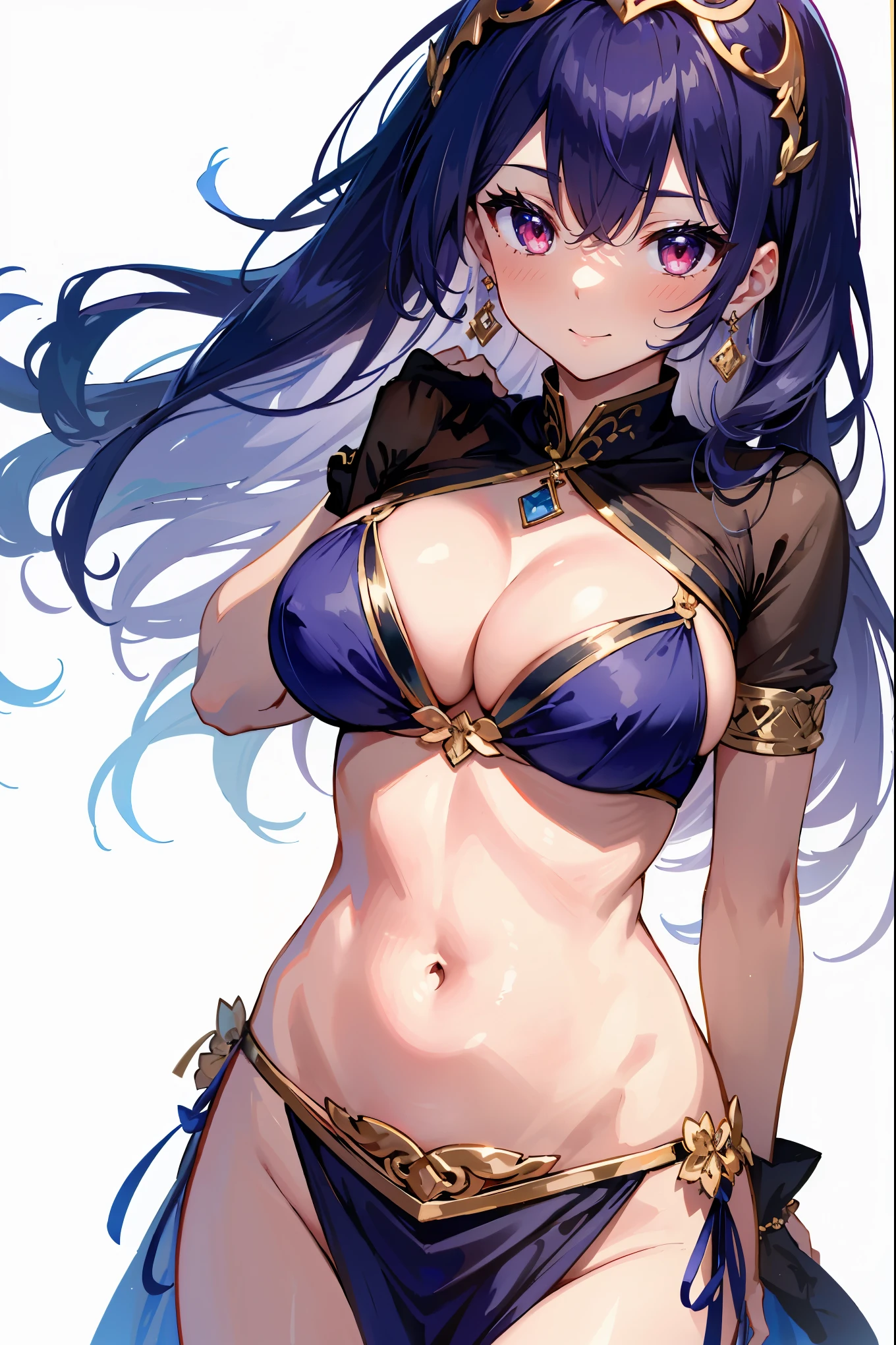 high quality, ultra detailed, best quality, insanely detailed, beautiful, masterpiece, 1girl, belly dancer, white background, red eyes, long hair, purple hair, harem outfit, bikini, pelvic curtain, purple costume, circlet, earrings, armlets, bracelets, bashful smile, dancing, large breasts, cleavage, soft stomach