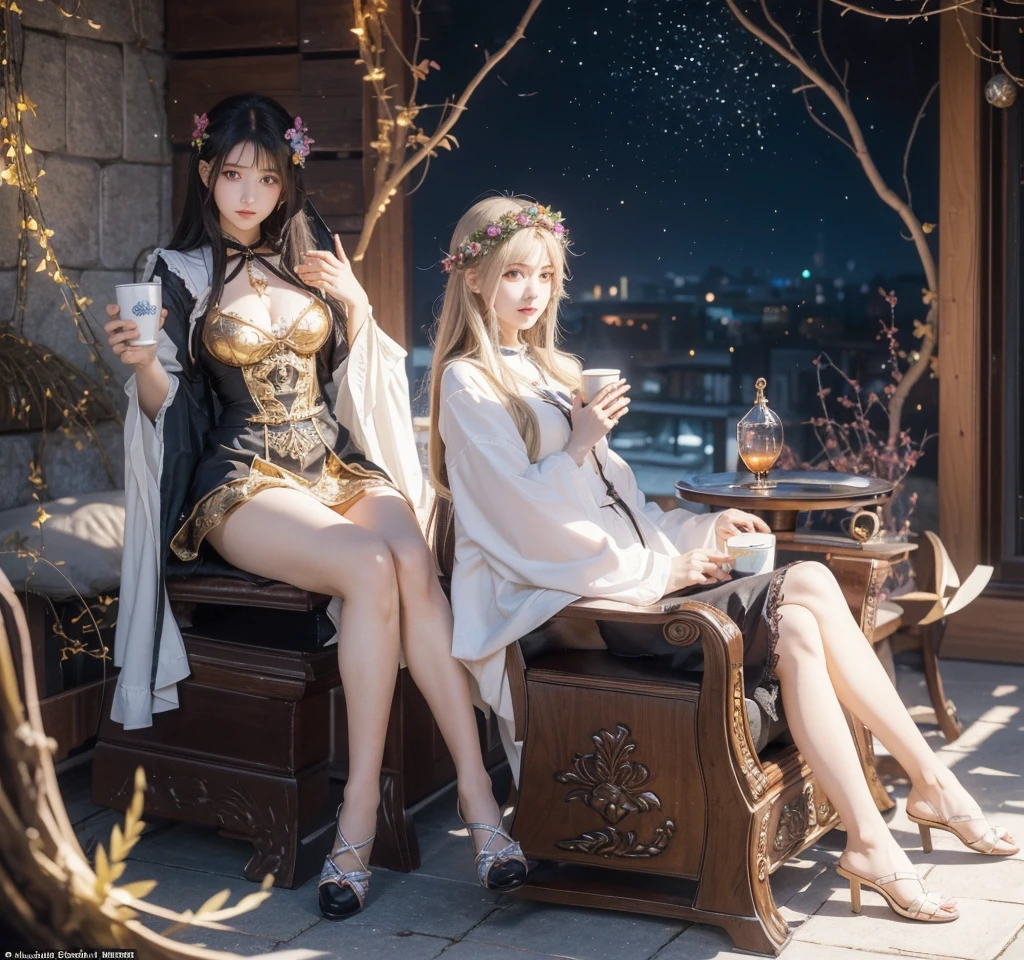 Anime girl sitting on a chair with a coffee cup in hand, Alchemy Girl, Light novel cover, Official Art, Epic Light Novel Cover Art, Official Artwork, epic Light novel cover, Change, Different world, small curve Change, Ancient Saudi wreath, Kushat Kulenz Key Women in Art, Shadowverse Style, Cute Dwarf,
