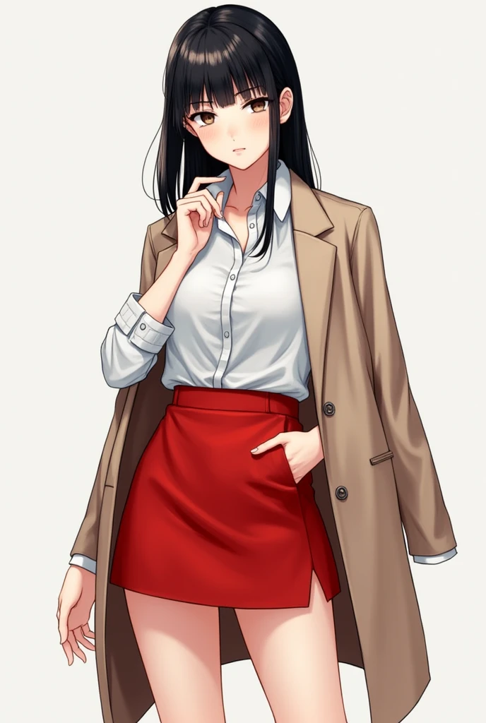 Komi with red short dress and with a white short shirt and her coat