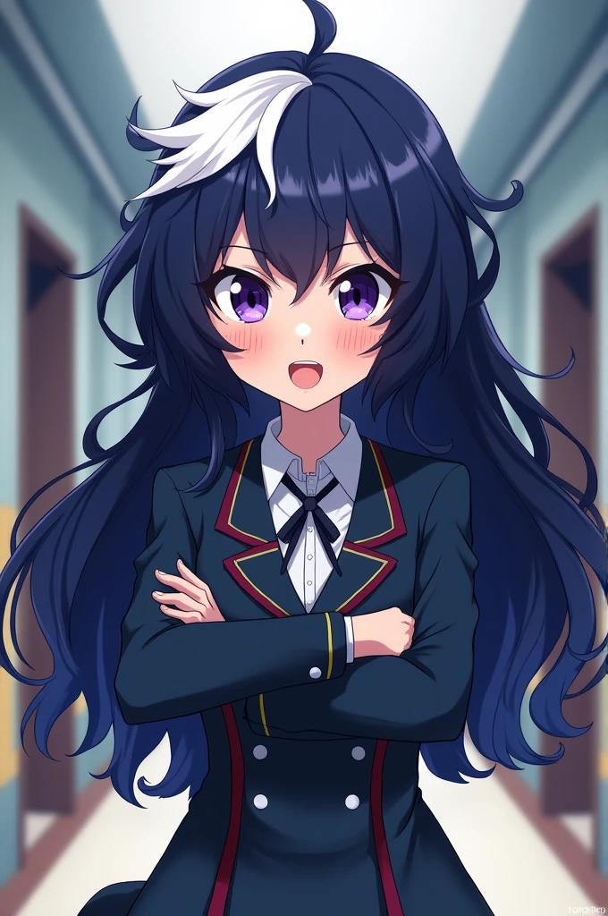 Create a bnha character Hair: long wavy blue-black hair with a white lock in the front Pose: with the traditional uniform of the academy in the hallway of this Face: dark purple eyes, parts, and with strong humor