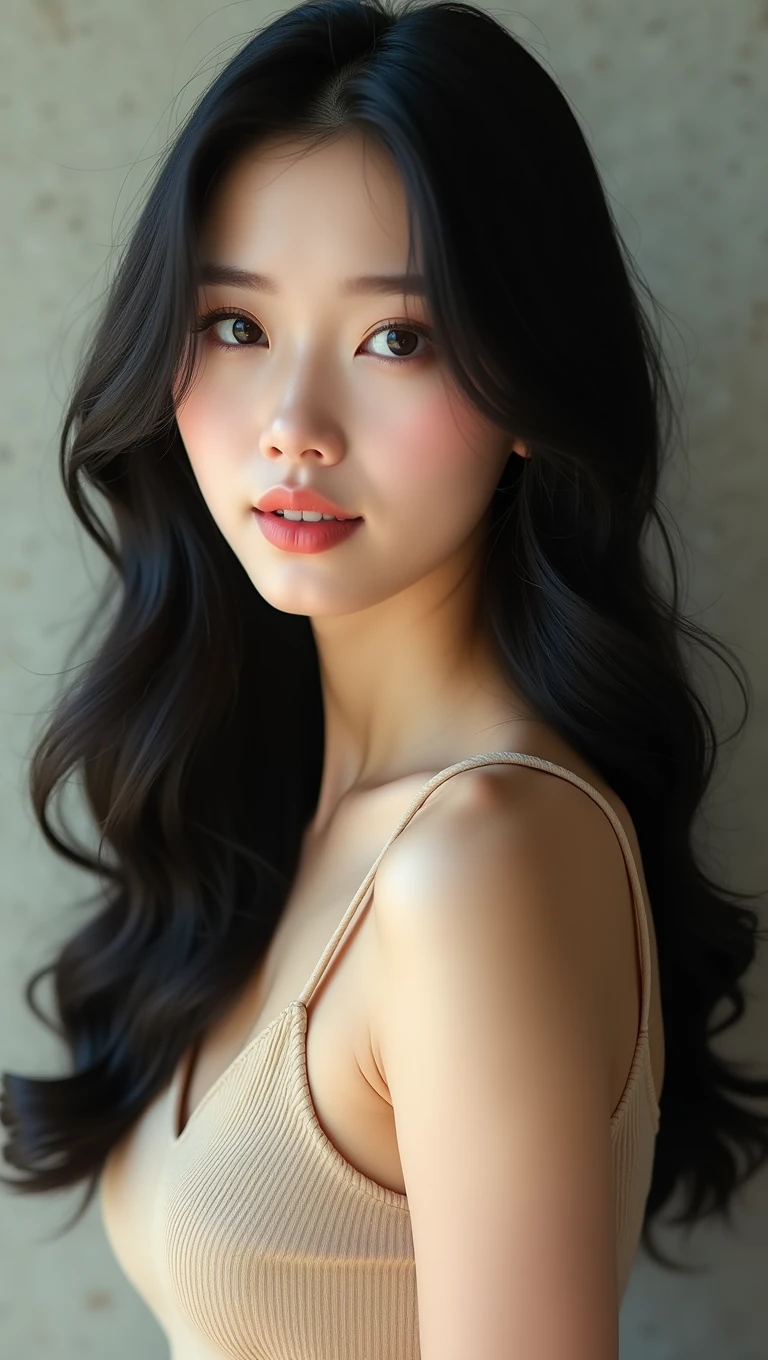 A super beautiful 26-year-old Chinese girl, Korean Idol, Idol temperament, Super delicate face, real picture, Long black hair and beige skirt, portrait, stunning closeupheadshot, portait photo User phototure, User Photos, Black hair and big eyes, Female Model, masterpiece, high details, highres