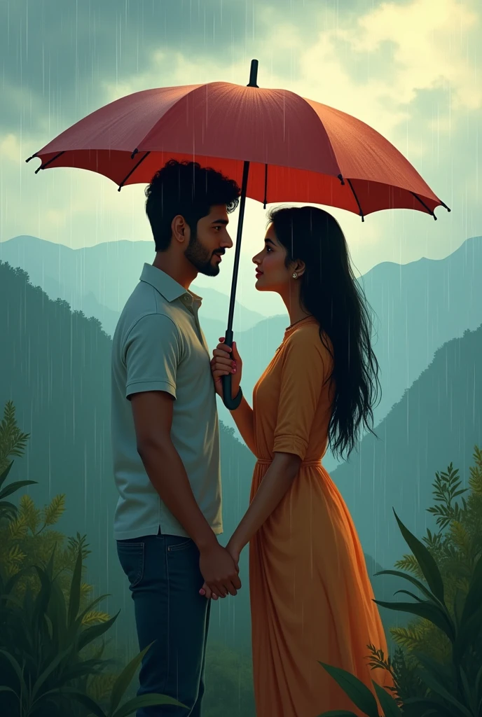 South indian couple with romantic look. Under the umbrella in a slow rain fall. Normal dress. Close shot. Hands on sholder looking straight. Kissing to the top face. Illustation image. In kerala mountain with moody clouds. White skin tone couple. Nice body shape