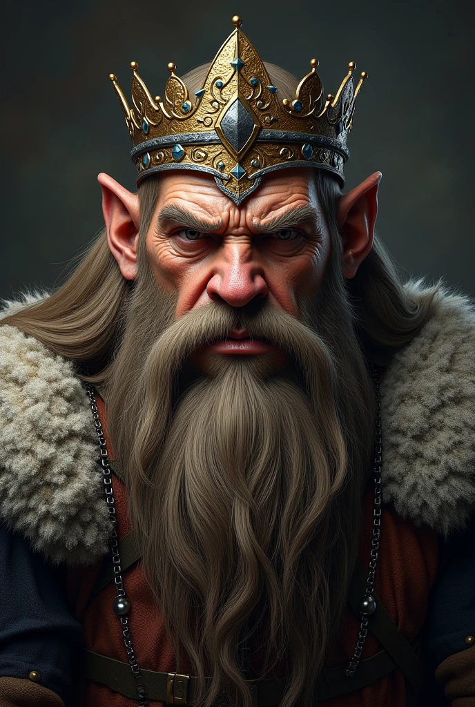 Create a highly detailed portrait of a dwarf character in a dark fantasy style, similar to the design of an ancient king. The dwarf should have a robust and muscular build with a robust and weathered face., that shows a stern and determined expression. It should be adorned with a richly detailed and ornate crown., Made with heavy metals such as iron or gold, with intricate patterns that reflect the craftsmanship of dwarven culture