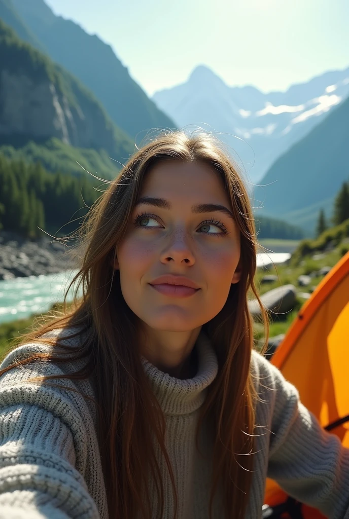 1womanl ((selfie da parte supeRiur do corpo, glad)), Masterpiece artwork, best qualityer, ultra-detailed, Alone, plein-air, (natta), mountainscape, naturey, (stele, moonligh) happy, glad, duffel bag, sleeping bag, camping stove, bottle of water, Mountain boots, mitts, nuisette, hat, latern, forst, rockery, Riu, Wood, smoke, eyeshadows, sharp contrast, clear sky, analog style (look at the observer:1. 2) (texture skin) (film grain:1.3), (warm tint, warm toned:1.2), big plane, cinematic light, side lighting, ultra-high resolution, best shade, RAW, parte supeRiur do corpo, wearing pullover