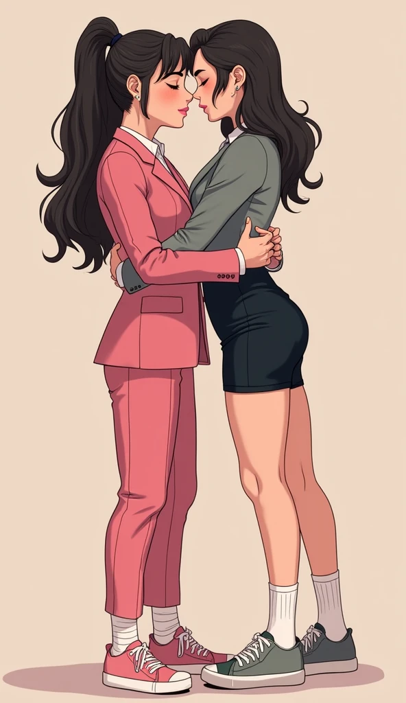 Two girls, yuri, (The first girl wear a pink suit, bkack pencil skirt, black underpants, white socks, white sneakers), (The second girl wore a grey suit, black pencil skirt, black underpants, white socks, white sneakers), french kiss, lesbian kiss, hugging, sensual body, closed eyes, novel cartoon, 4K, HD
