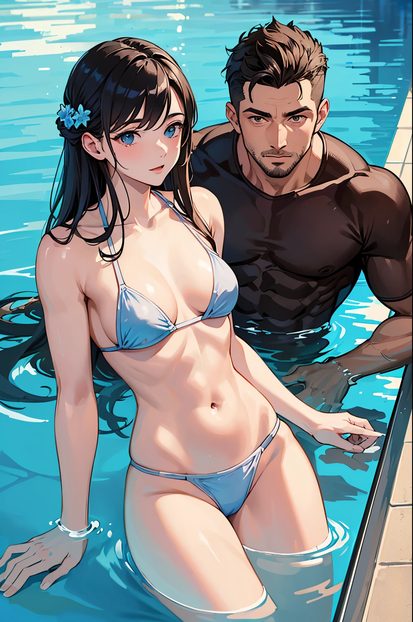 ((best quality)), ((masterpiece)), (detailed), a two buff man in the swimming pool with a girl