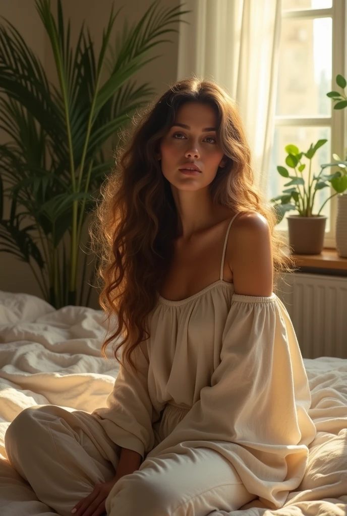 (photorealism:1.2), beautiful woman, sitting on bed, wearing loose off-shoulder top, pajama pants, long curly hair, indoors, soft lighting, plants in background, window with sunlight, cozy room, relaxed pose, realistic, intricate details, warm colors, by Greg Rutkowski, by Alphonse Mucha