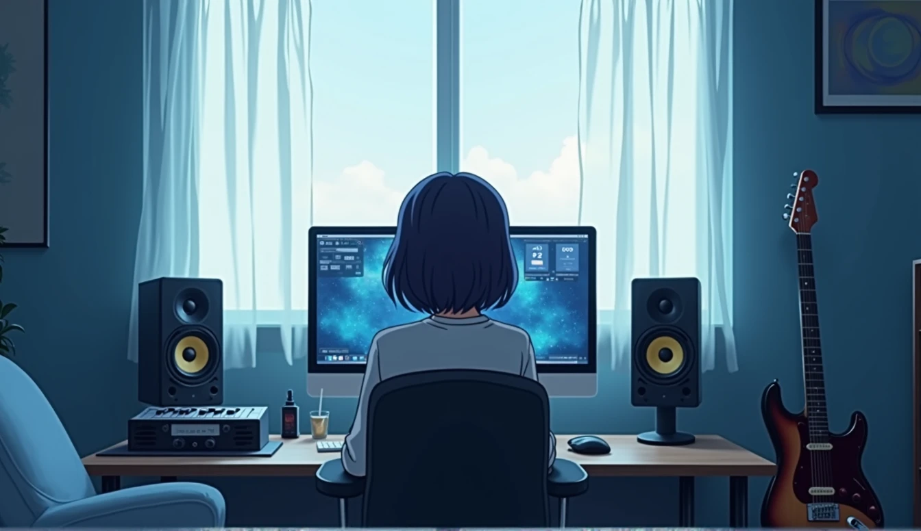 Inside the room blue white Emotional computer speaker Electric guitar leaning against a wall Desktop Music dawn An illustration Anime Style unmanned