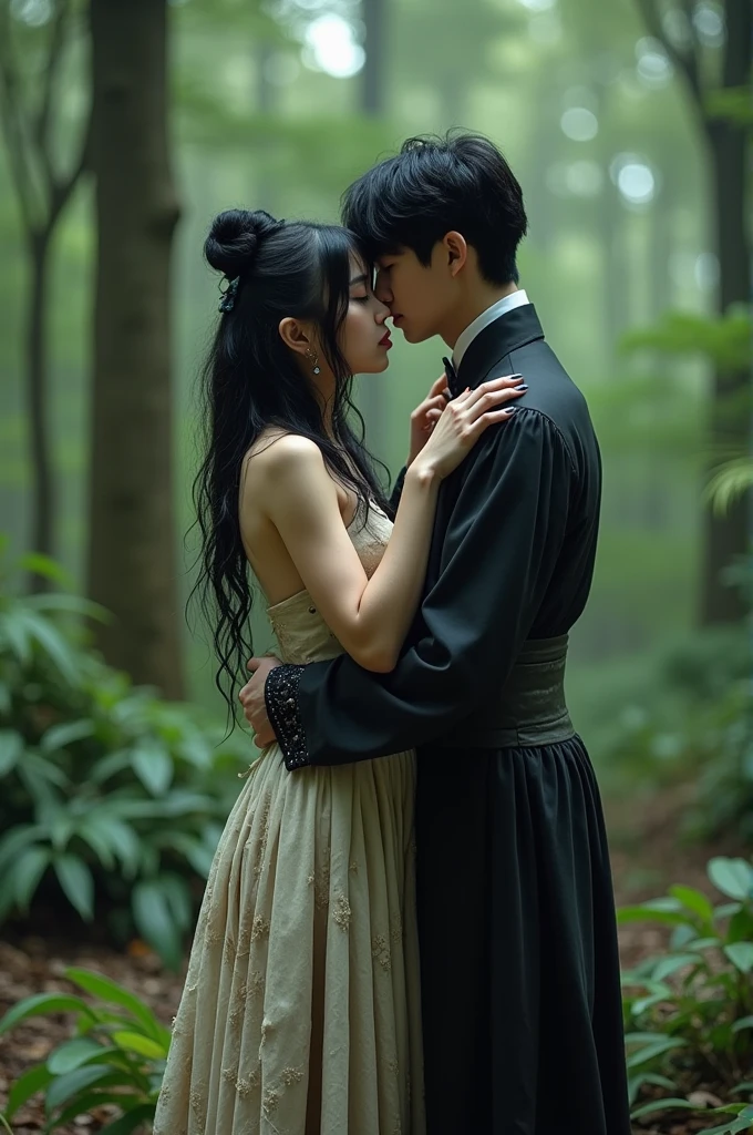 Make an Asian woman, but don&#39;t show her face, She has white skin and long black wavy hair and her hair is disheveled, She is a savage and that is why her clothes are torn and worn out and dirty. next to her, Make BTS Singer Jeon Jungkook Dressed as a Prince, with the typical princely attire of an elegant and modern prince. The two are hugging on an island in the middle of the forest.. Don&#39;t show their face 8K HD Real High Resolution 