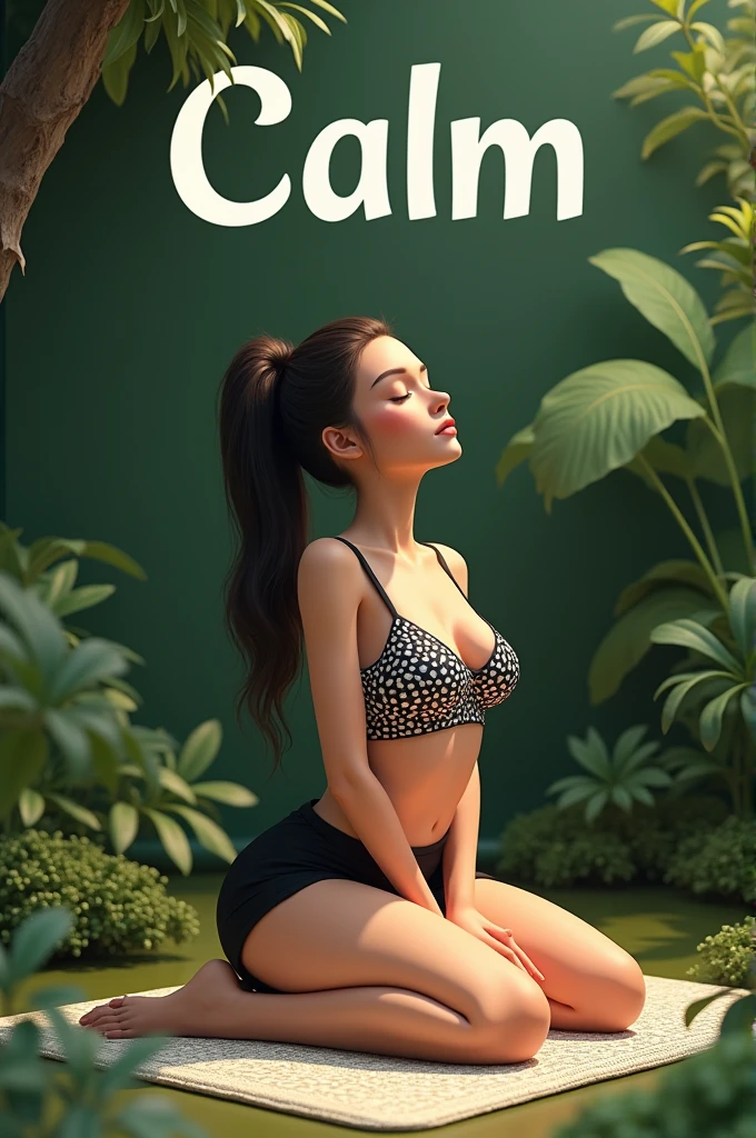 
An exquisite 3D render illustration of a sexy woman exuding serenity, her large boods expressive eyes closed as she finds solace in the outdoors. Kneeling on a patterned mat amidst lush greenery, she is the epitome of tranquility. Clad in a black and white patterned top and black shorts, she seems to emanate a calming aura. The bold, white word 'Calm' at the top of the image underscores the peaceful atmosphere of this exceptional scene., 3d render, illustration