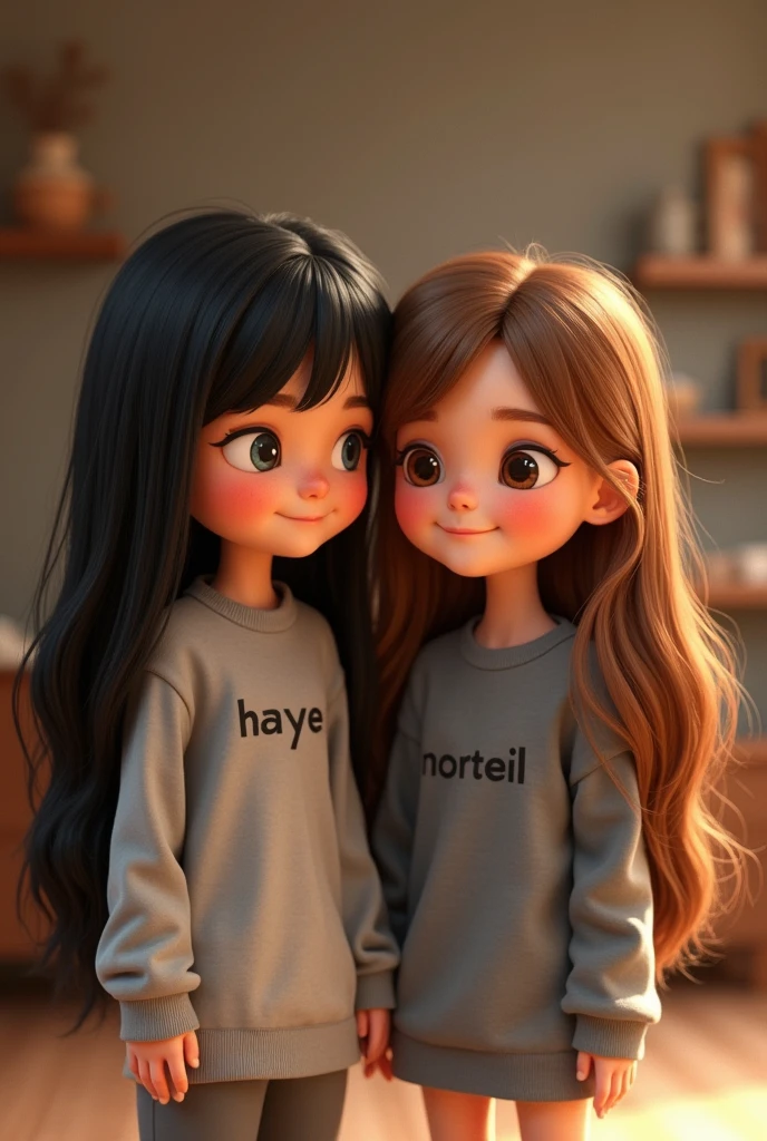 two girls, a straight black hair dressed in grey with the word and one with long wavy brown hair wearing a grey Pixar style sweater