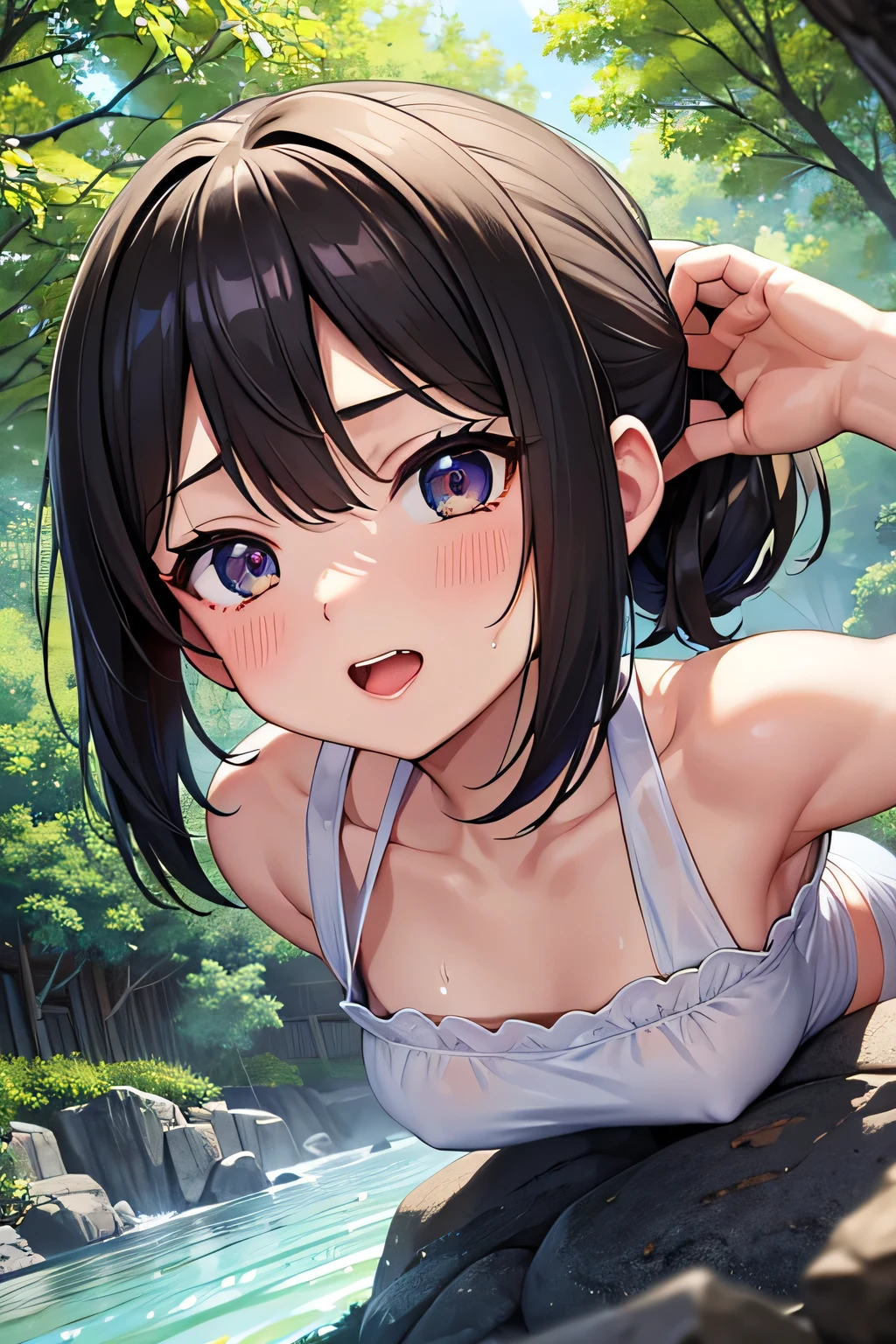 Highest quality、High resolution、Detailed Background、(Beautiful face in every detail:1.4)、Anatomically correct、(Normal number of fingers:1.2)、Highly detailed face、Detailed eyes、age beauty、Perfect body line、Light color hair、Bobcut、ponytail、Twin tails、well-groomed eyebrows、cute gesture、Fun atmosphere、Cowboy Shot、
Hot days of summer vacation、The girl and her friends go into the nearby woods.、
wood々The green of the、Everyone is walking forward with excited expressions on their faces.、
Suddenly a large rock formation appears、One of my friends「Let's climb up there!」I suggest that、
Everyone was a little nervous, but they helped each other and started climbing the rocks.、
Once you reach the top, you'll be greeted by a vast view as far as the eye can see.、
Everyone cheers in delight at the view from the top.、
「amazing!」「Highest!」"、
When you slowly descend、One of them almost trips, but his friend quickly supports him.、To show consideration for each other、The girl was also able to get off safely.、
Wash off your sweat by splashing around in the stream、It was impressive to see everyone laughing and having fun even though they were covered in mud.、cute