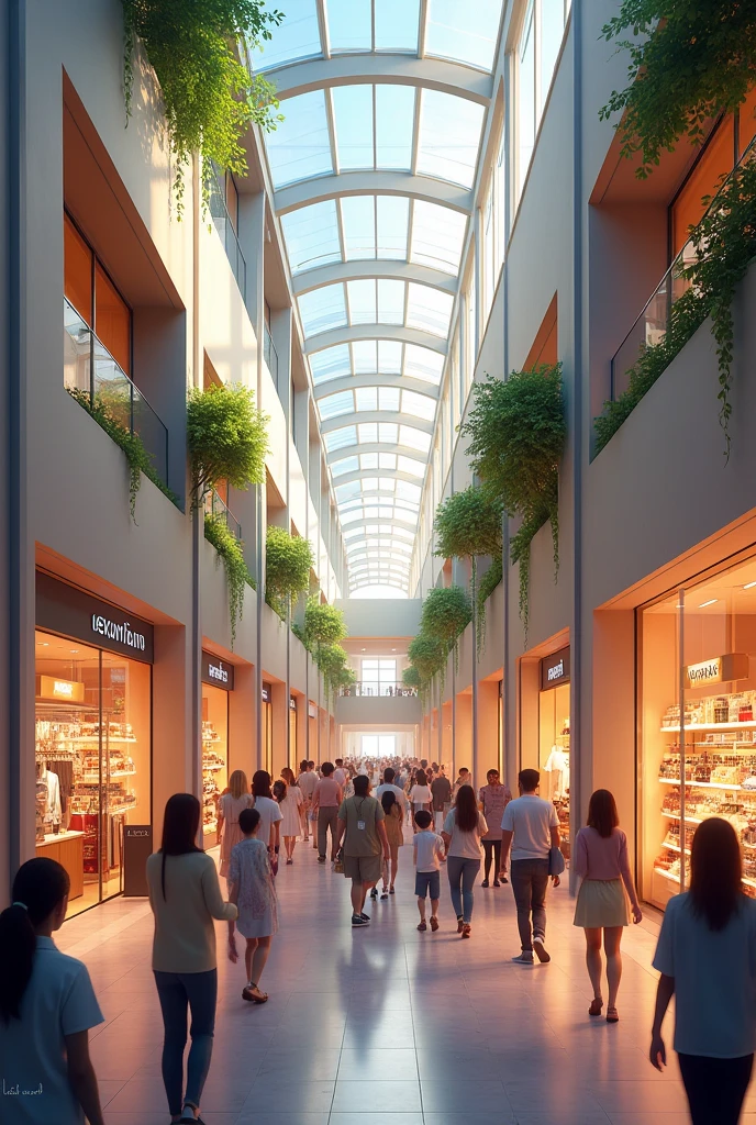 A kind of shopping center with stores selling various things and people walking in the corridors, looking at the stores