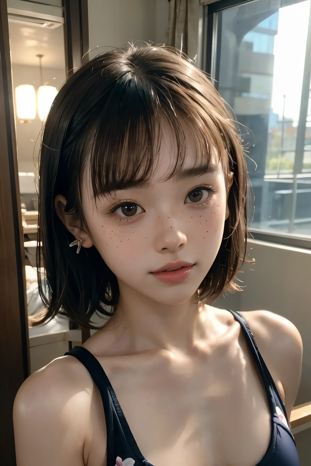 Highest quality ,8k.masterpiece,Ultra-high resolution,(Photorealistic:1.4), 1 girl, View your viewers,Very fine grain definition、 japanese famous actress, very beautiful,cute, Cinematic, 135mm lens, f/ 1. 8, Sun light,Natural Light,Color temperature 3000K,8k, In downtown Japan, Pause、、(Smaller School Swimwear:1.2)、Parting your bangs、Short Bob、Flower Hairpin、Small earrings in the ears、(No thinning:1.8)、(Light freckles:1.2)、pores、(Front-light strobe:1,2)、Daytime Synchronization、