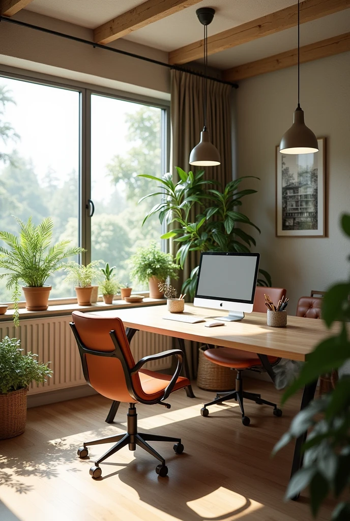 Create an eco-friendly office for graphic designers, ergonomic ,safe . It has three areas, one for rest, one for work and one for eating.