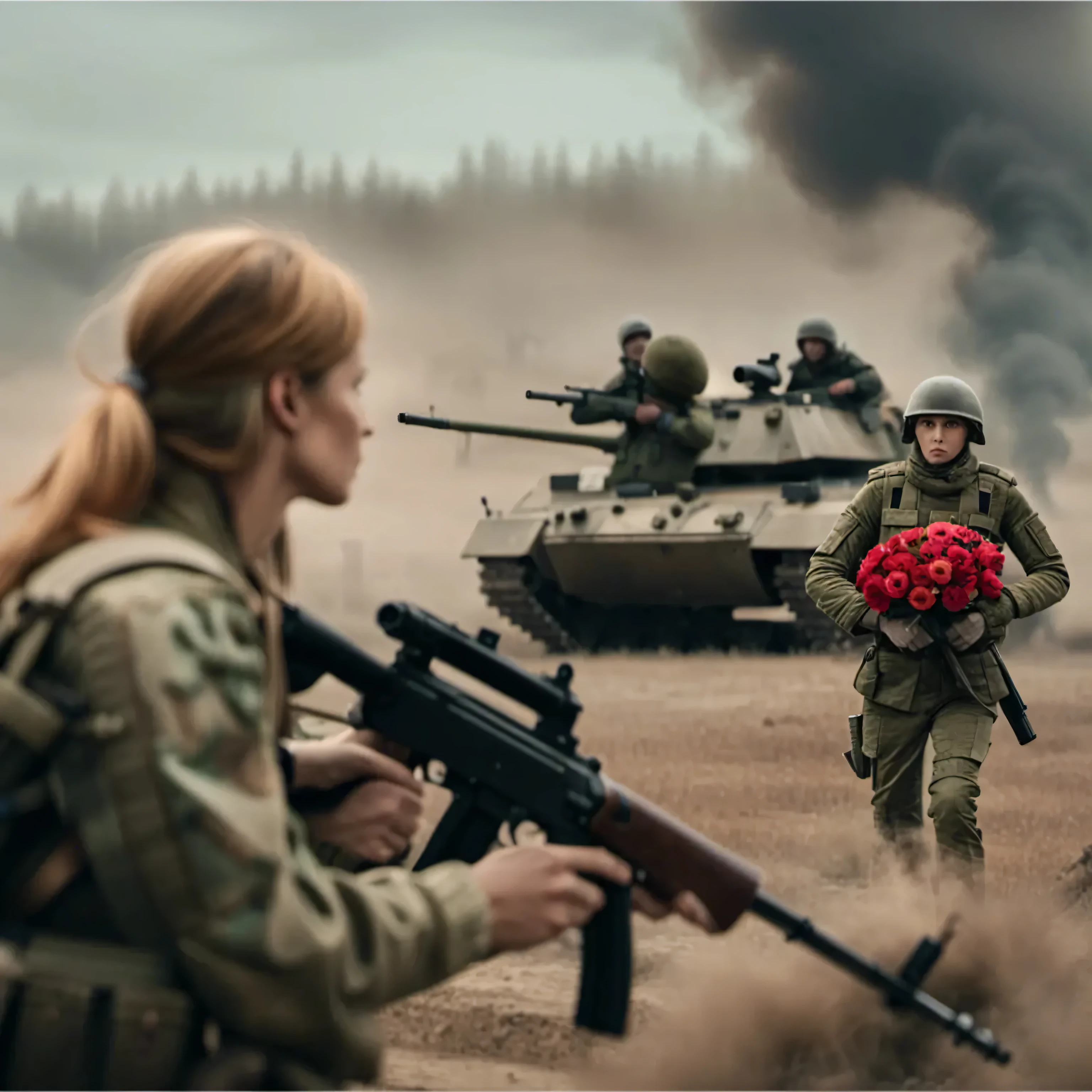Soldiers with flowers and rifles in front of a tank, digital art by Ludwik Konarzewski, shutterstock, digital art, Shots from the film, War movie scenes, stormy and grand War Scenes, Live-action movie stills, War Sceness, War Scenes, War Photos, A scene from a movie, A scene from a movie, A scene from a movieから