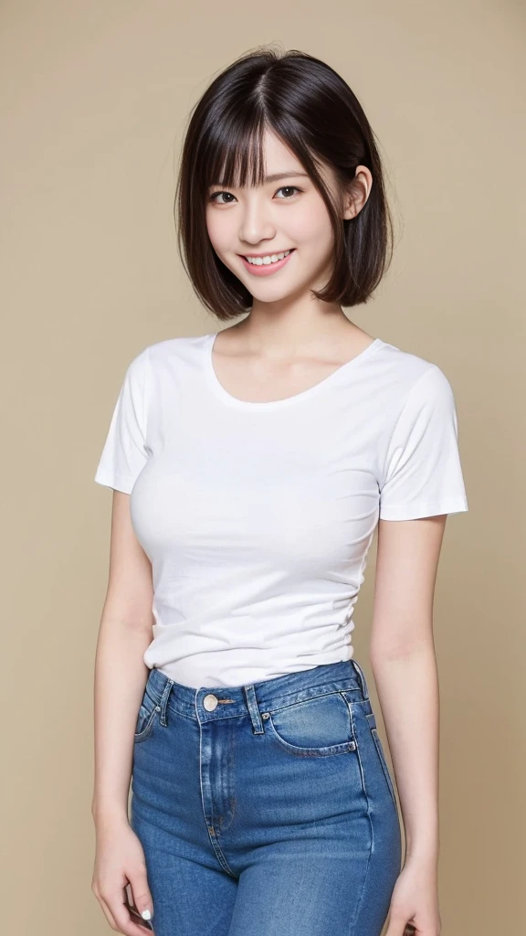 (Highest quality:1.5), (Real:1.4), (Ultra high definition:1.4), (No correction:1.4), (18 years old Japanese girl with big breasts standing front plain background), (Short stature girl), (Asymmetrical bangs), (short hair), (White T-shirt), (jeans), (18 years old girl wears white T-shirt and denim pants), (girl viewed from the front), (Plain background), (Cowboy Shot), (smile), (upright), 