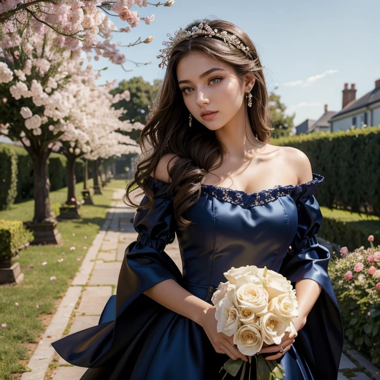 (​masterpiece, best quality:1.5), highest quality, High resolution, super detailed, Realists, Upper body photo of a 22-year-old brunette flower girl, detailed and beautiful eyes, beautiful detailed lips, very detailed eyes and face, longeyelashes, 22-year-old woman in a dark blue short dress made of shiny satin fabric, Beautiful and colorful makeup, elegant and noble々Pose,shiny satin headband, grind, Holding flowers, Gardens as background, soft daylight, bright colors, fine brushstrokes, Portrait style, Noble details in the dress fabric, beautiful color palette, glowing skin, First-class rendering, that captures every detail, enchanting atmosphere, subtle shadows and lights, (perfect anatomy:1.2), (The stunning 22-year-old flower girl carries a basket of rose petals. looks surprised (magnificent panorama view:1.2)