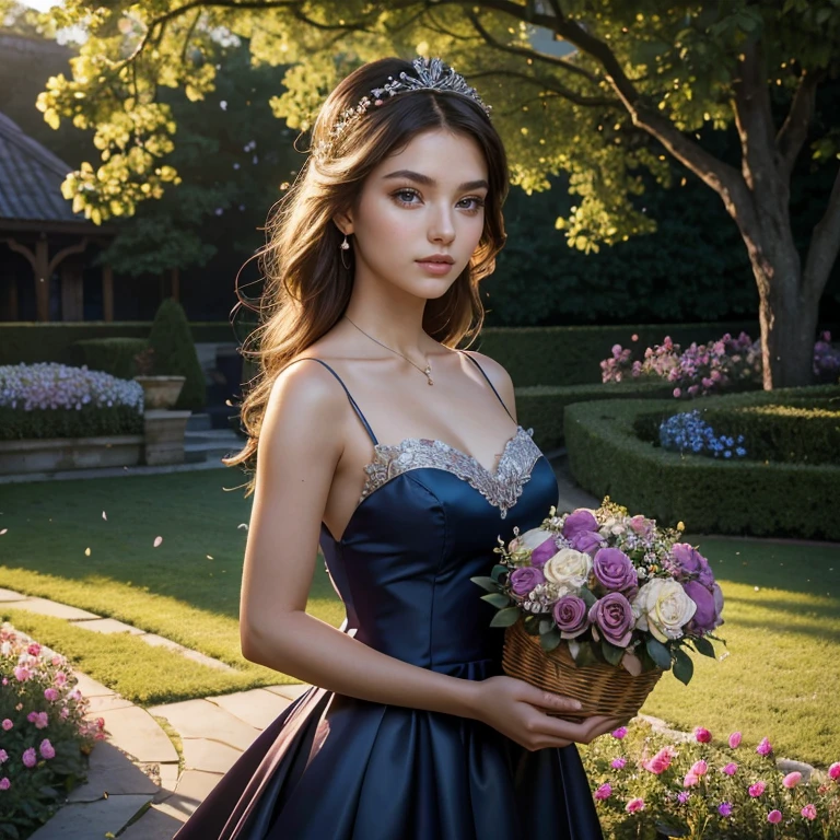 (masterpiece, best quality:1.5), highest quality, High resolution, super detailed, Realists, Upper body photo of a 22-year-old brunette flower girl, detailed and beautiful eyes, beautiful detailed lips, very detailed eyes and face, longeyelashes, 22-year-old woman in a dark blue short dress made of shiny satin fabric, Beautiful and colorful makeup, elegant and noble々Pose,shiny satin headband, grind, Holding flowers, Gardens as background, soft daylight, bright colors, fine brushstrokes, Portrait style, Noble details in the dress fabric, beautiful color palette, glowing skin, First-class rendering, that captures every detail, enchanting atmosphere, subtle shadows and lights, (perfect anatomy:1.2), (The stunning 22-year-old flower girl carries a basket of rose petals. looks surprised (magnificent panorama view:1.2)