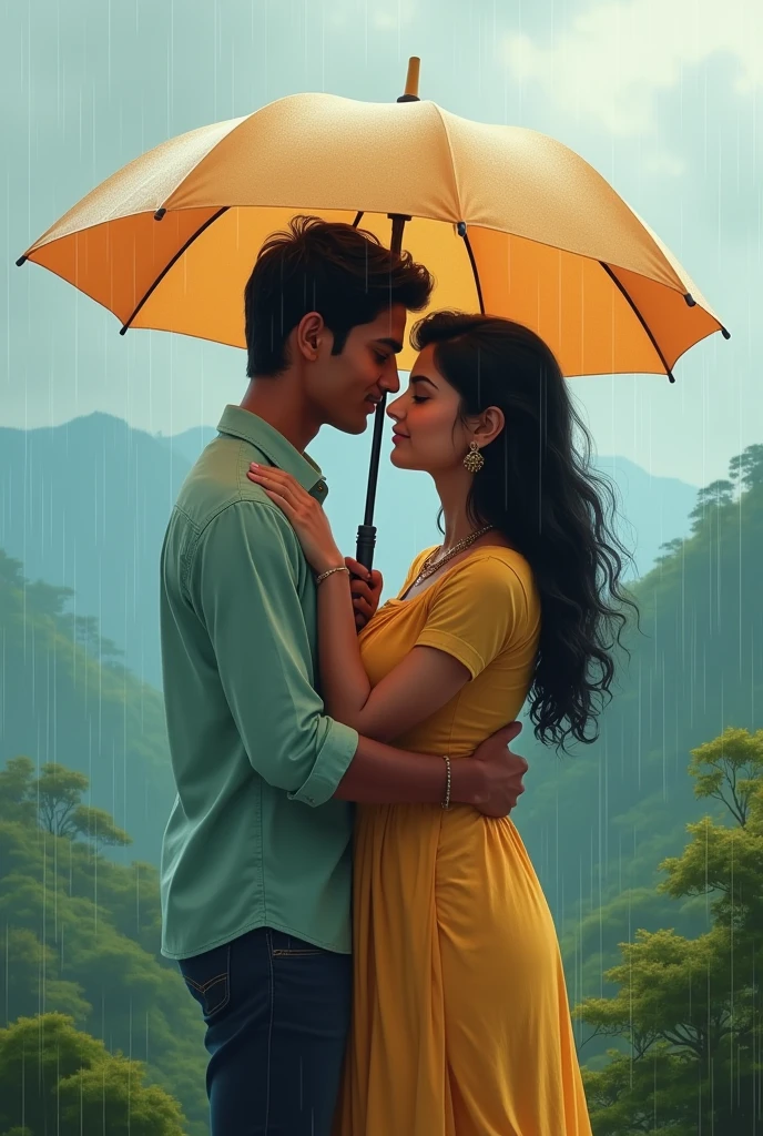 South indian couple with romantic look. Under the umbrella in a slow rain fall. Normal dress. Close shot. Hands on sholder looking straight. Kissing to the top face. Illustation image. In kerala mountain with moody clouds. White skin tone couple. Nice body shape. Shoulder to shoulder