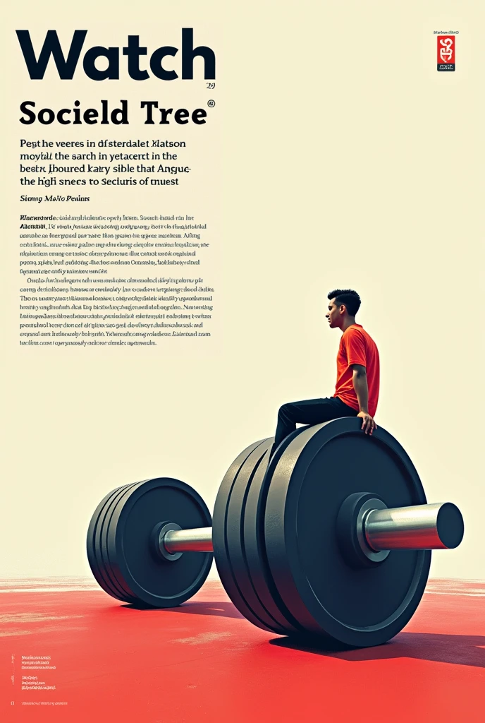 A magazine page that has a digital illustration of a person sitting on a giant dumbbell on the bottom right. Above must have title, a paragraph in capital letters and a paragraph in small print below to the left