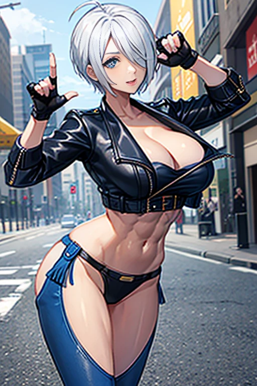 angelms, jacket, navel, hair over one eye, gloves, fingerless gloves, blue eyes, cleavage, outdoors, chaps, smile, underwear, cropped jacket, short hair, looking at viewer, road, huge breasts, white hair, black gloves, black jacket, street, stomach, ahoge, crop top, day, leather, panties, bra, cowboy shot, midriff, solo focus, leather jacket, cowboy boots, boots, beauty, beautiful girl, perfect face, sexy,hypermuscle, hyper muscles, abs